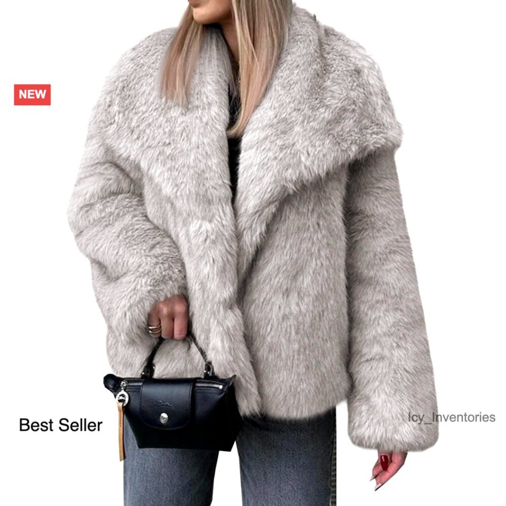 Faux Fur Coat Oversized Lapel Shaggy Winter Jacket Warm Fuzzy Outerwear Chic